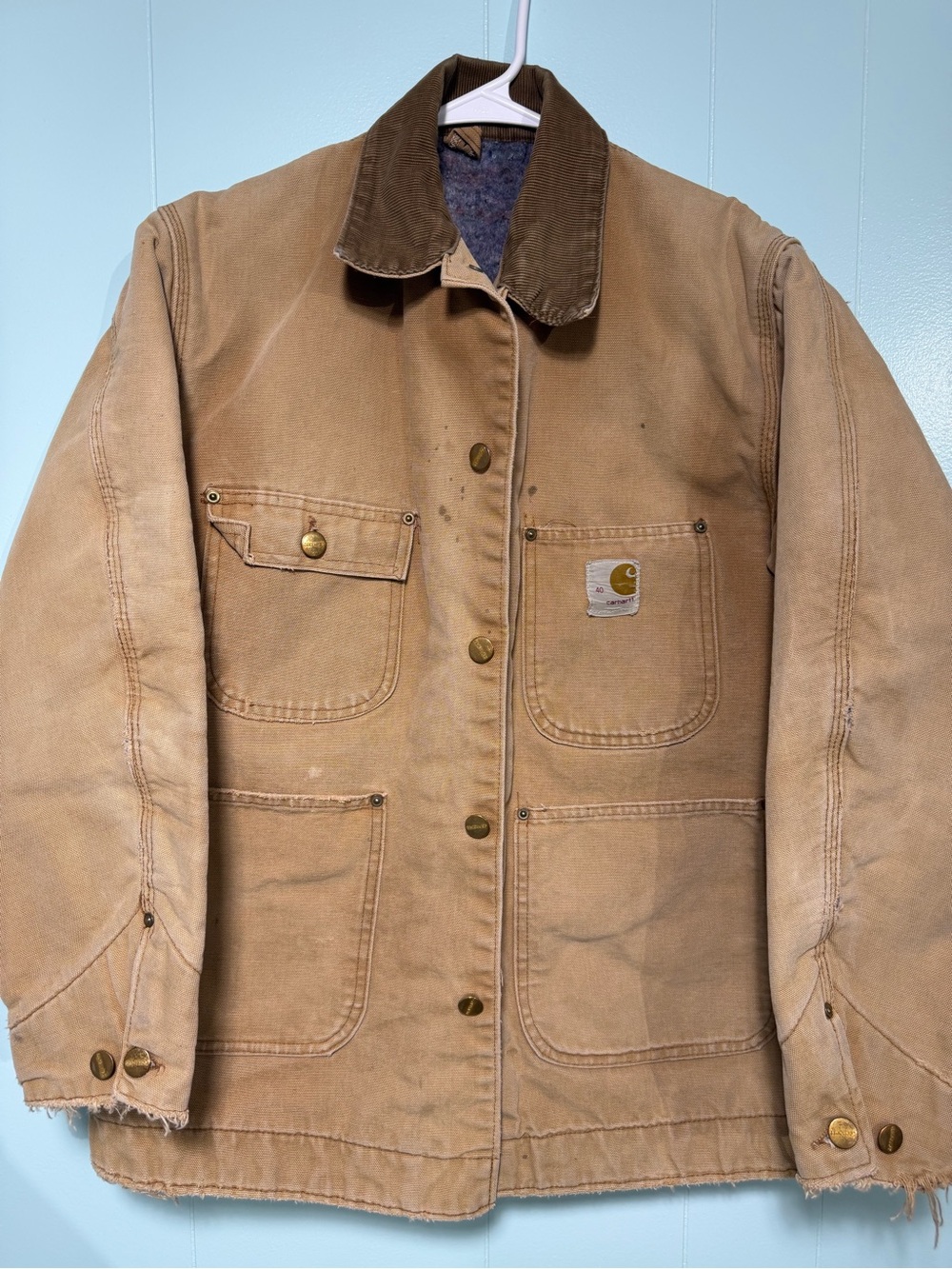 Vintage Carhartt Tan Duck Work blanket lined Jacket with Brown Corduroy Collar